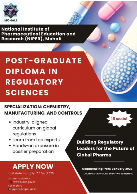 Executive Post-Graduate Diploma in Regulatory Sciences (CMC) – NIPER Mohali Launches a First-of-Its-Kind Industry-Focused Program (2026)